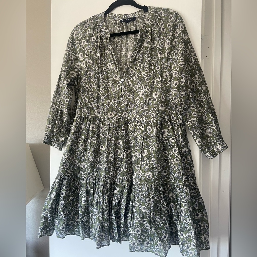 Veronica Beard Floral Green Mini Dress with Sleeves